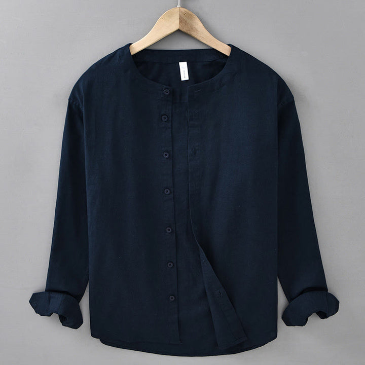 Chemise à manches longues en coton et lin pour homme, couleur unie, col montant, style printemps, Buddha Stones - Bleu nuit - US/UK/AU42,EU52 (3XL) - image 0