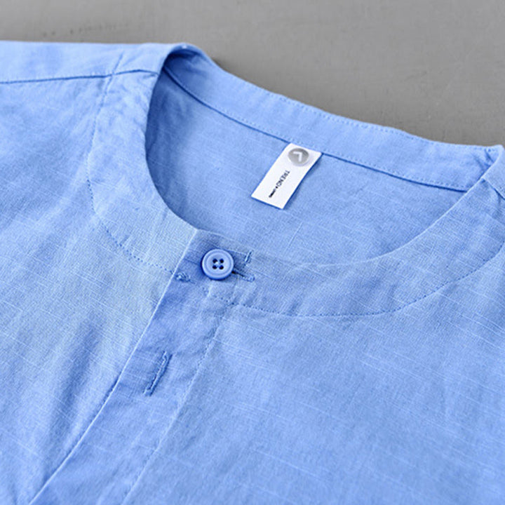 Chemise à manches longues en coton et lin pour homme, couleur unie, col montant, style printemps, Buddha Stones - image 18