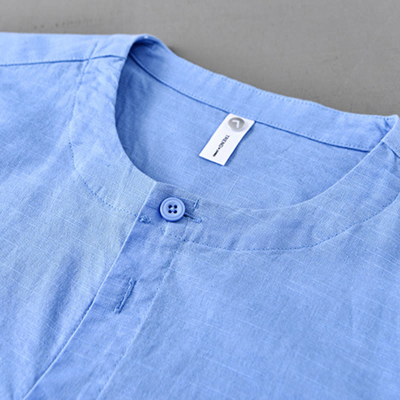 Chemise à manches longues en coton et lin pour homme, couleur unie, col montant, style printemps, Buddha Stones - image 18