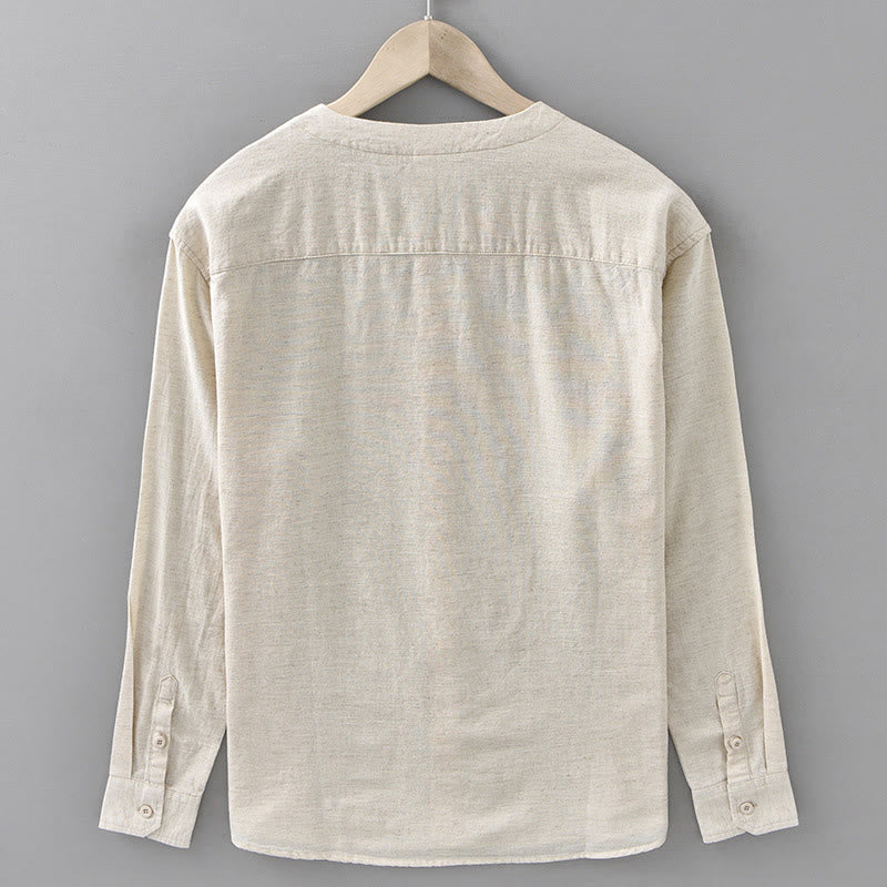 Chemise à manches longues en coton et lin pour homme, couleur unie, col montant, style printemps, Buddha Stones - image 9