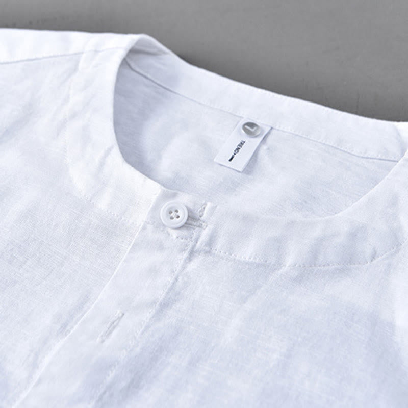 Chemise à manches longues en coton et lin pour homme, couleur unie, col montant, style printemps, Buddha Stones - image 5