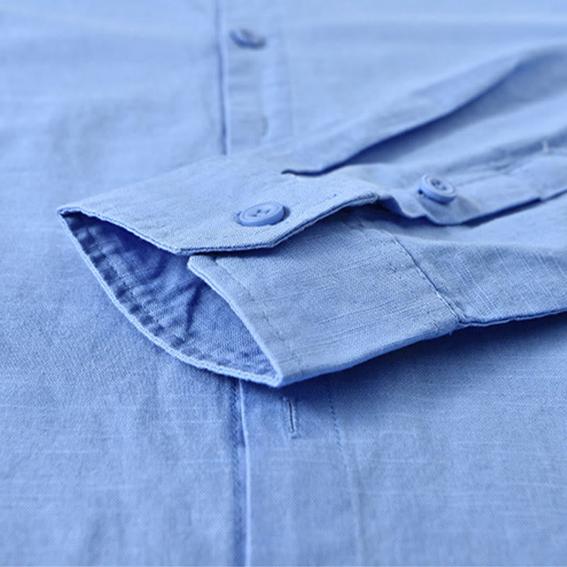 Chemise à manches longues en coton et lin pour homme, couleur unie, col montant, style printemps, Buddha Stones - image 20