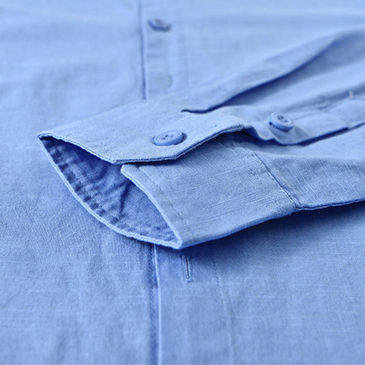 Chemise à manches longues en coton et lin pour homme, couleur unie, col montant, style printemps, Buddha Stones - image 20