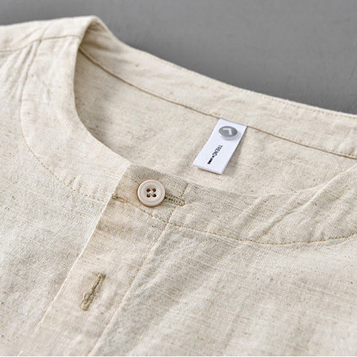 Chemise à manches longues en coton et lin pour homme, couleur unie, col montant, style printemps, Buddha Stones - image 10