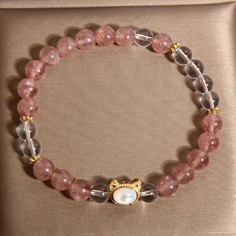 Bracelet de guérison en perles de cristal blanc et quartz fraise naturel Buddha Stones Cat - image 2
