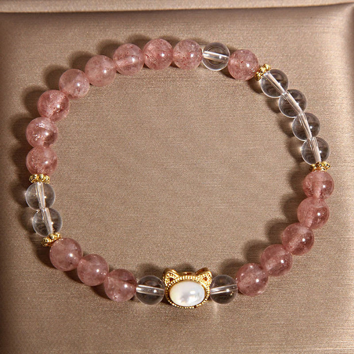 Bracelet de guérison en perles de cristal blanc et quartz fraise naturel Buddha Stones Cat - image 2