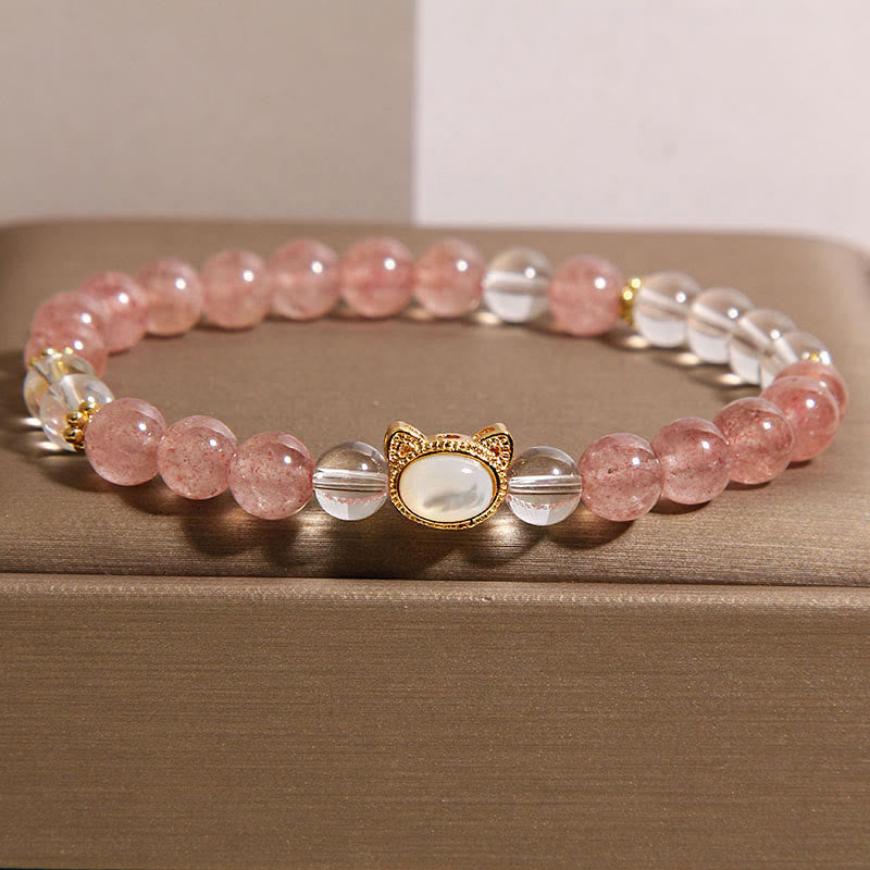 Bracelet de guérison en perles de cristal blanc et quartz fraise naturel Buddha Stones Cat - Quartz fraise (tour de poignet : 15-17 cm) - image 0