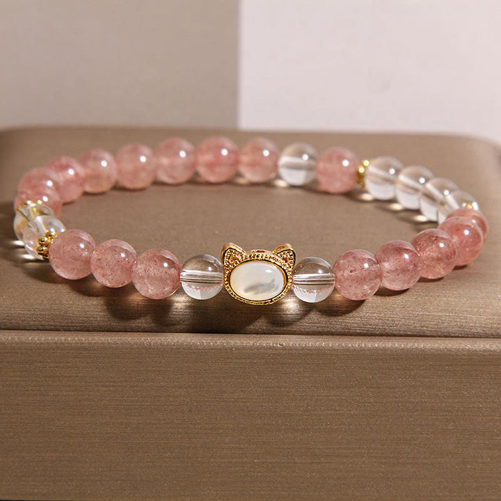 Bracelet de guérison en perles de cristal blanc et quartz fraise naturel Buddha Stones Cat - Quartz fraise (tour de poignet : 15-17 cm) - image 0