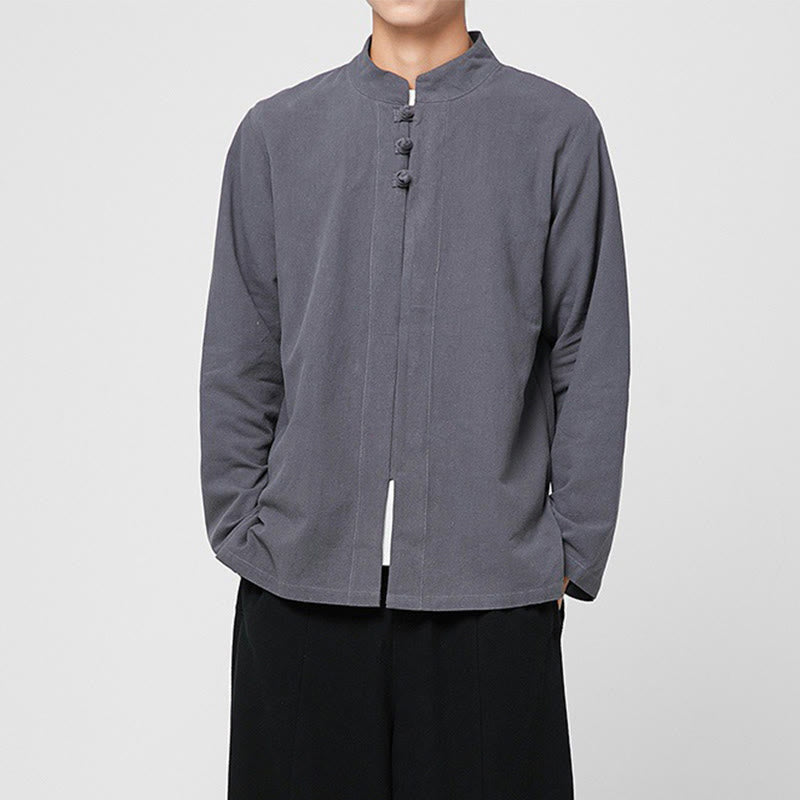 Chemise de costume Tang chinoise à manches longues en coton pour homme, avec boutons en forme de grenouille et fente latérale, motif Buddha Stones - image 1