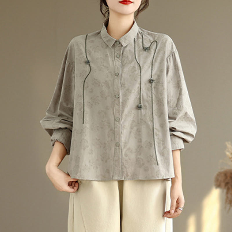 Chemise décontractée à manches longues en polyester pour femme, motif floral brodé Buddha Stones - image 1