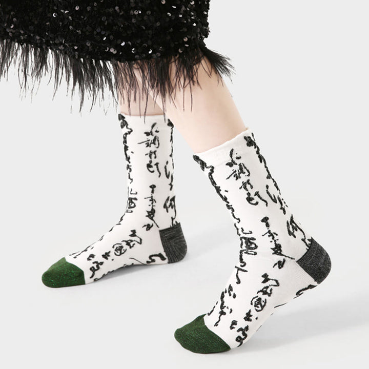 Chaussettes en coton pour femmes, motif de calligraphie chinoise, Buddha Stones, couleurs assorties - image 3
