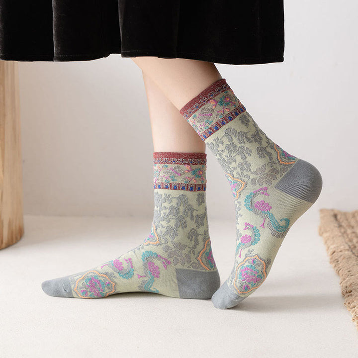 Chaussettes mi-mollet en coton à motif floral rétro en relief Buddha Stones pour femmes - image 0