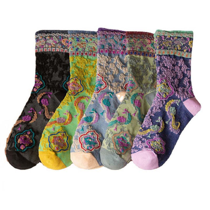 Chaussettes mi-mollet en coton à motif floral rétro en relief Buddha Stones pour femmes - image 30