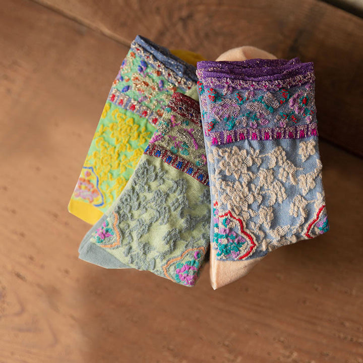 Chaussettes mi-mollet en coton à motif floral rétro en relief Buddha Stones pour femmes - image 26