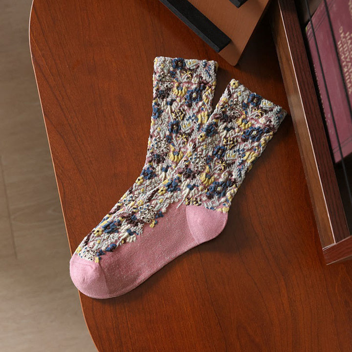 Chaussettes mi-mollet en coton à motif floral ethnique texturé Buddha Stones pour femmes - Rose clair - Taille unique (US4–9, EU34–39, UK/AU2,5-6, Asie22-24,5 cm) - image 12