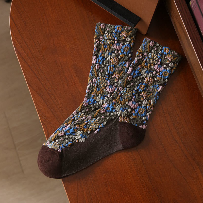 Chaussettes mi-mollet en coton à motif floral ethnique texturé Buddha Stones pour femmes - SaddleBrown - Taille unique (US4–9, EU34–39, UK/AU2,5-6, Asie22-24,5 cm) - image 3