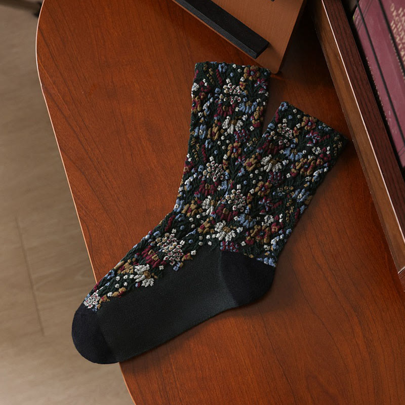 Chaussettes mi-mollet en coton à motif floral ethnique texturé Buddha Stones pour femmes - Noir - Taille unique (US4–9, EU34–39, UK/AU2,5-6, Asie22-24,5 cm) - image 5