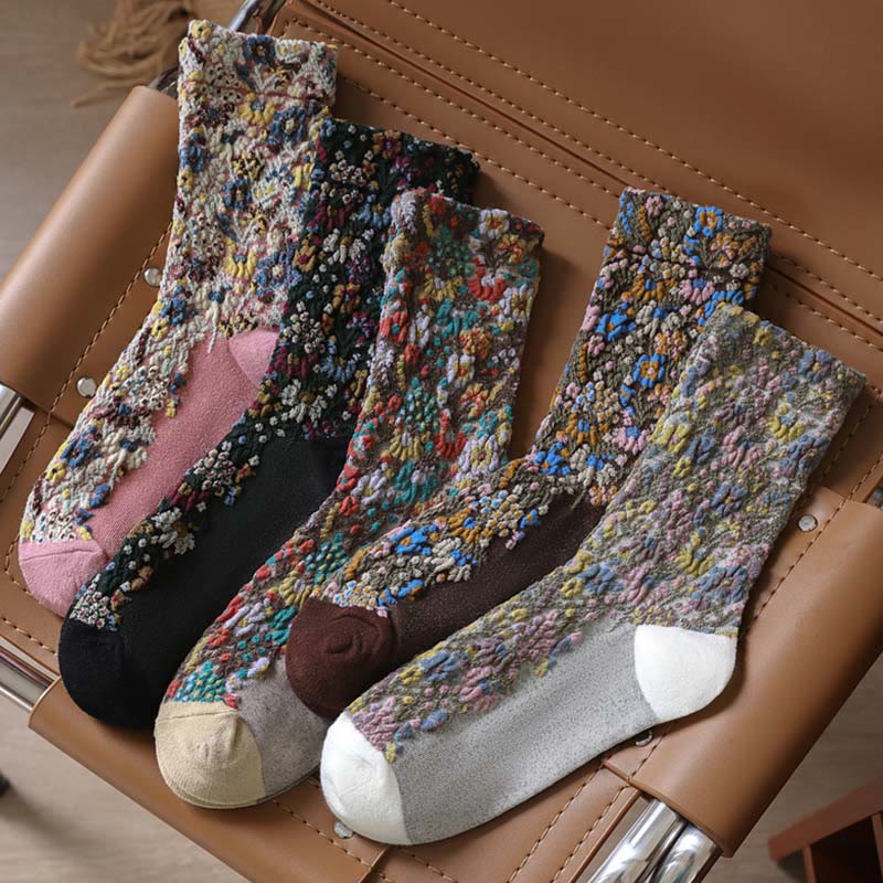 Chaussettes mi-mollet en coton à motif floral ethnique texturé Buddha Stones pour femmes - image 17