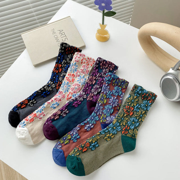 Chaussettes mi-mollet en coton pour femme, motif floral texturé ethnique et contrasté, motif Buddha Stones - image 16
