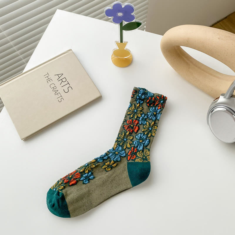 Chaussettes mi-mollet en coton pour femme, motif floral texturé ethnique et contrasté, motif Buddha Stones - Vert foncé - Taille unique (US4–9, EU34–39, UK/AU2,5-6, Asie22-24,5 cm) - image 11