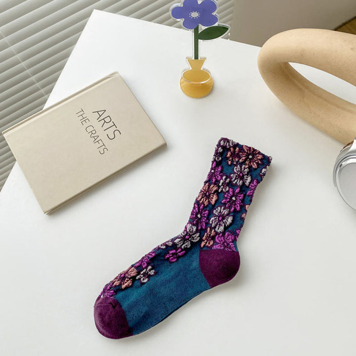 Chaussettes mi-mollet en coton pour femme, motif floral texturé ethnique et contrasté, motif Buddha Stones - Magenta foncé - Taille unique (US4–9, EU34–39, UK/AU2,5-6, Asie22-24,5 cm) - image 10