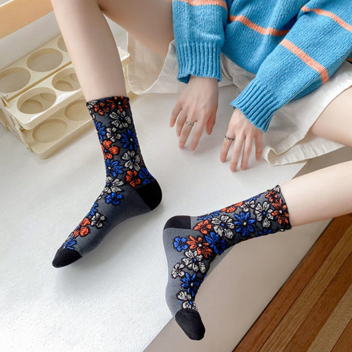 Chaussettes mi-mollet en coton pour femme, motif floral texturé ethnique et contrasté, motif Buddha Stones - image 3