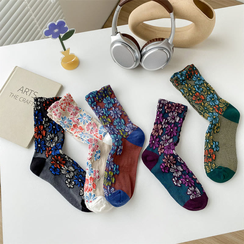 Chaussettes mi-mollet en coton pour femme, motif floral texturé ethnique et contrasté, motif Buddha Stones - image 20