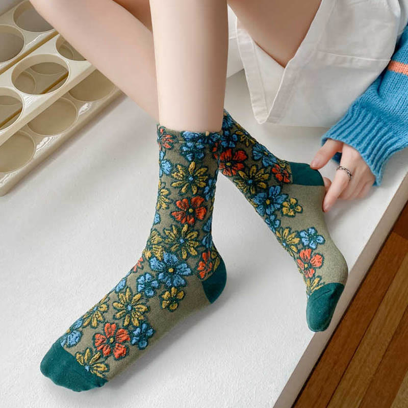 Chaussettes mi-mollet en coton pour femme, motif floral texturé ethnique et contrasté, motif Buddha Stones - image 12