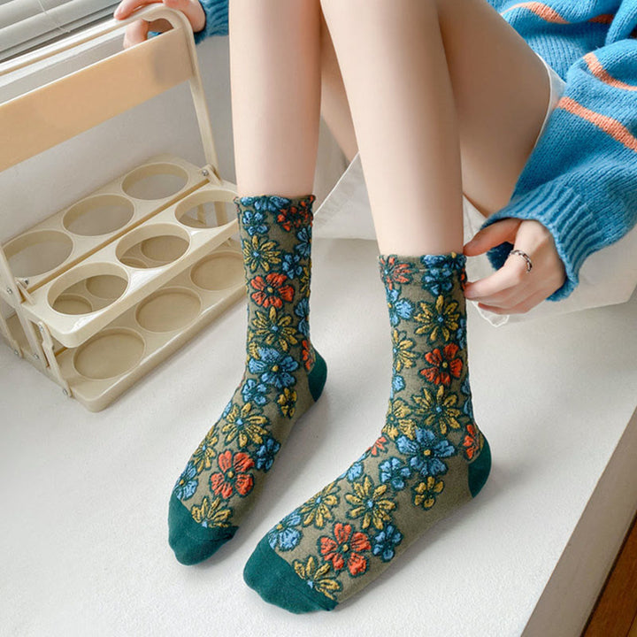 Chaussettes mi-mollet en coton pour femme, motif floral texturé ethnique et contrasté, motif Buddha Stones - image 13