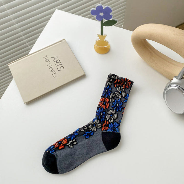 Chaussettes mi-mollet en coton pour femme, motif floral texturé ethnique et contrasté, motif Buddha Stones - Noir - Taille unique (US4–9, EU34–39, UK/AU2,5-6, Asie22-24,5 cm) - image 1