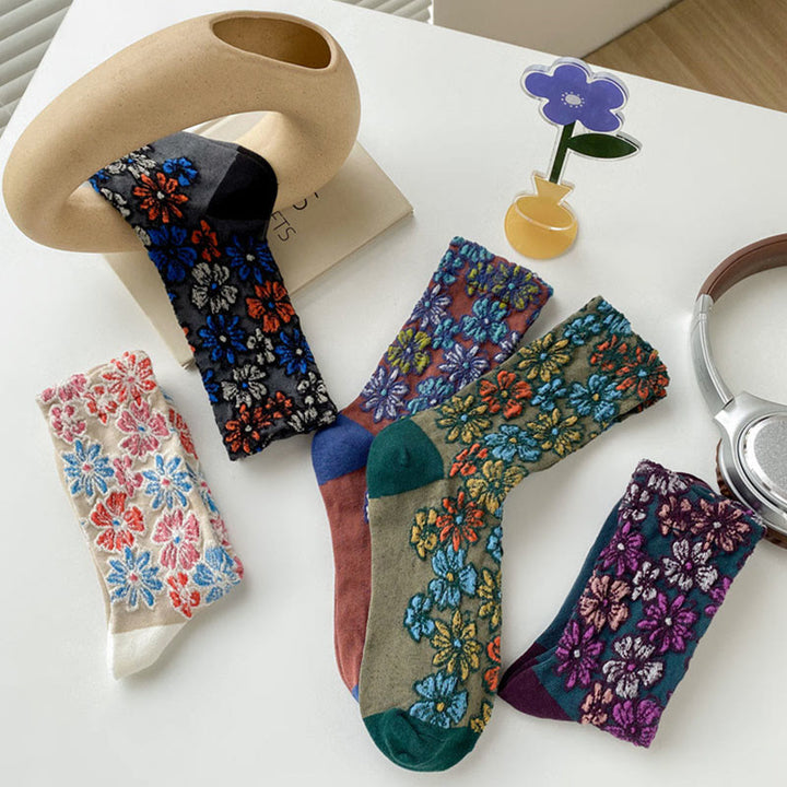 Chaussettes mi-mollet en coton pour femme, motif floral texturé ethnique et contrasté, motif Buddha Stones - image 21