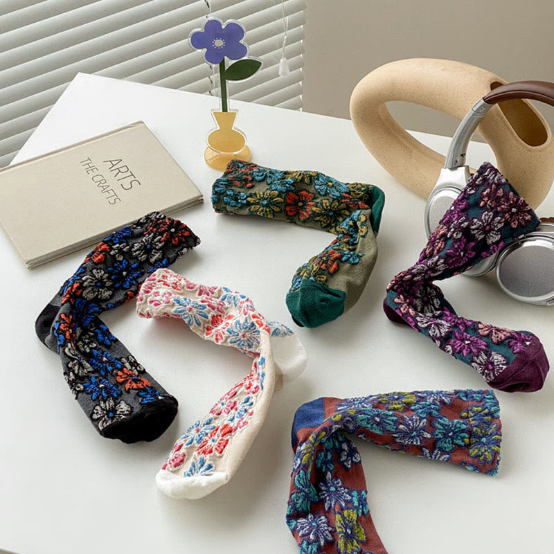 Chaussettes mi-mollet en coton pour femme, motif floral texturé ethnique et contrasté, motif Buddha Stones - image 22