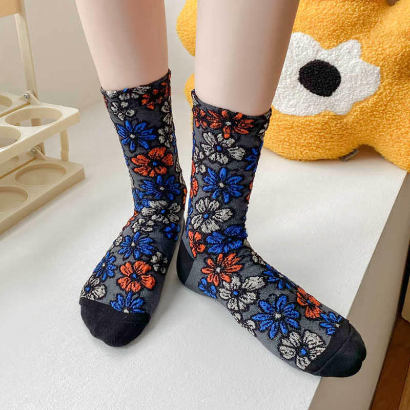 Chaussettes mi-mollet en coton pour femme, motif floral texturé ethnique et contrasté, motif Buddha Stones - image 2