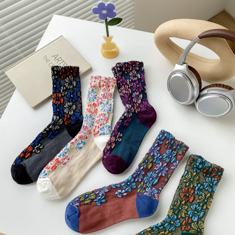 Chaussettes mi-mollet en coton pour femme, motif floral texturé ethnique et contrasté, motif Buddha Stones - image 19