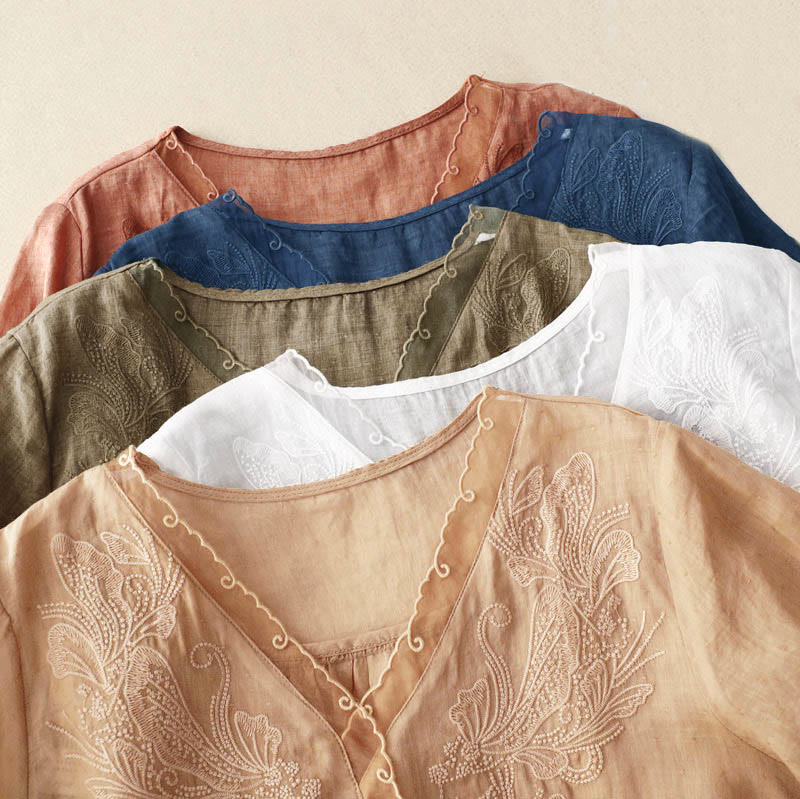 Chemise à manches mi-longues et col en V avec motif papillon Buddha Stones pour femme - image 21