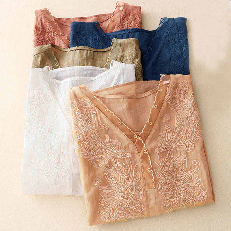 Chemise à manches mi-longues et col en V avec motif papillon Buddha Stones pour femme - image 22