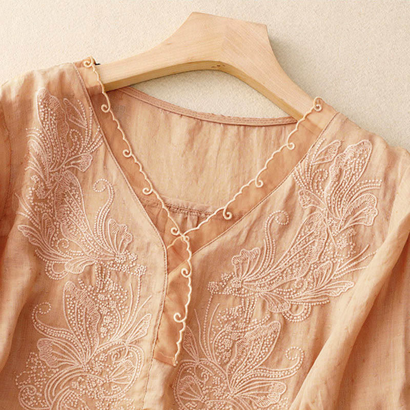 Chemise à manches mi-longues et col en V avec motif papillon Buddha Stones pour femme - image 4