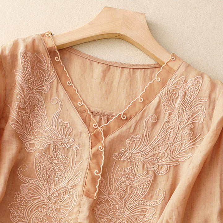 Chemise à manches mi-longues et col en V avec motif papillon Buddha Stones pour femme - image 4