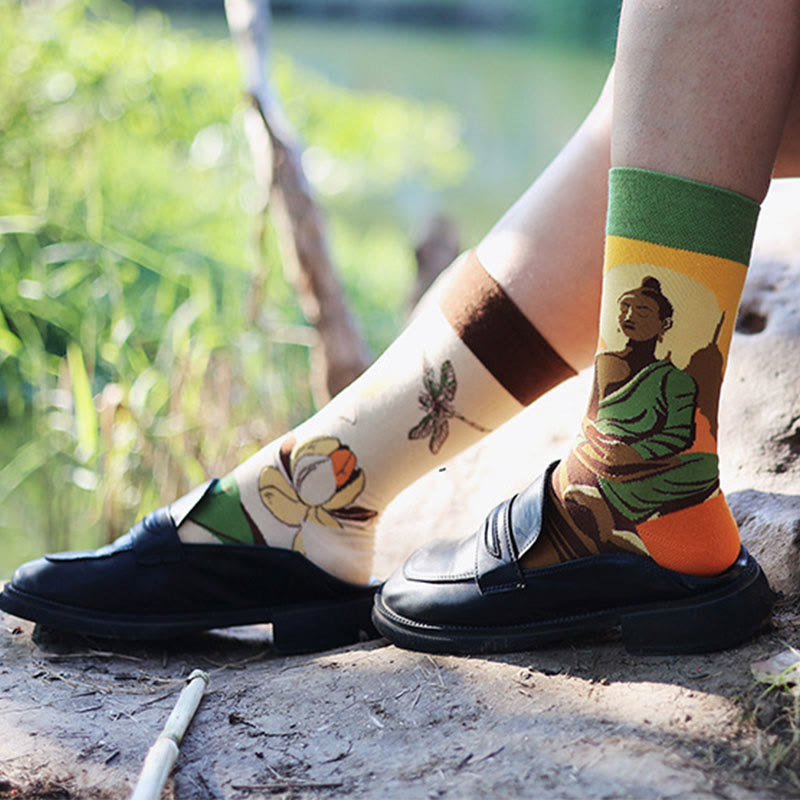 Chaussettes décontractées pour femmes Buddha Stones, motif Bouddha méditatif, lotus, libellule, micro-collant - image 2