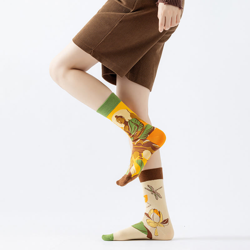 Chaussettes décontractées pour femmes Buddha Stones, motif Bouddha méditatif, lotus, libellule, micro-collant - image 3