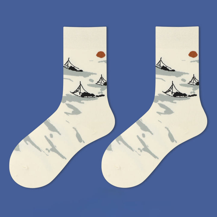 Chaussettes décontractées pour femmes, motif Buddha Stones, voilier, ville antique, lotus, orchidée, campagne, micro-collant - Voilier - SM (US 5,5-10, EU 36-41, UK/AU 3,5-7,5, AISA 22,5-25,5 cm) - image 1