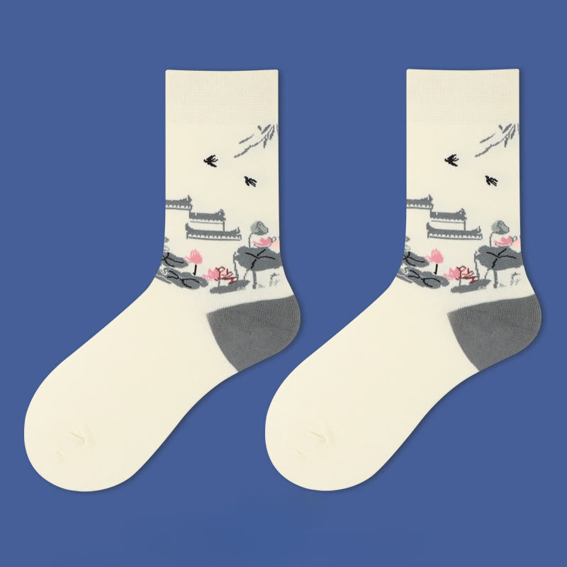 Chaussettes décontractées pour femmes, motif Buddha Stones, voilier, ville antique, lotus, orchidée, campagne, micro-collant - Ville antique - SM (US 5,5-10, EU 36-41, UK/AU 3,5-7,5, AISA 22,5-25,5 cm) - image 2