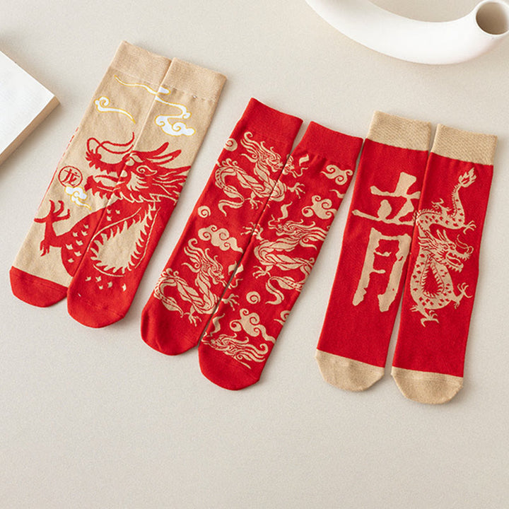 Chaussettes unisexes décontractées en coton motif dragon rouge Buddha Stones pour hommes et femmes - image 1