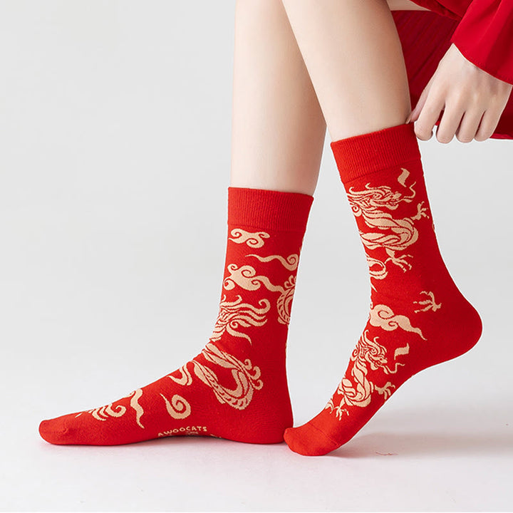 Chaussettes unisexes décontractées en coton motif dragon rouge Buddha Stones pour hommes et femmes - image 8