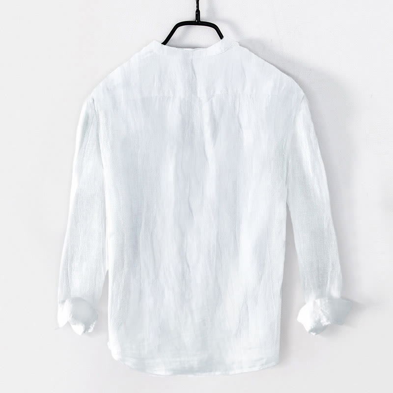 Chemise à manches longues et demi-boutonnée en coton et lin avec Buddha Stones , couleur unie, vêtements pour hommes - image 11