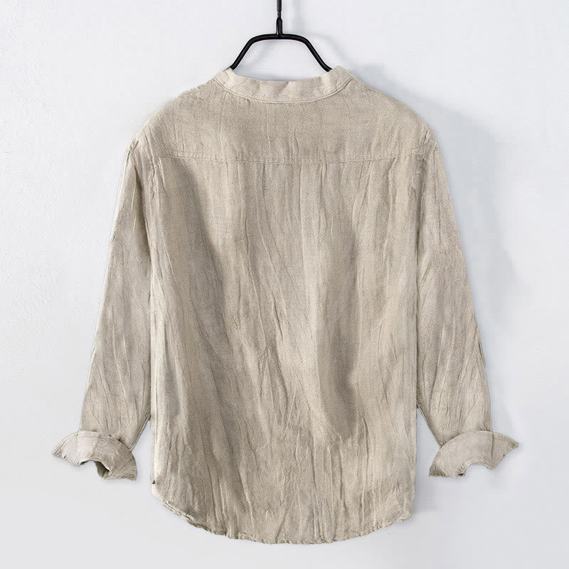 Chemise à manches longues et demi-boutonnée en coton et lin avec Buddha Stones , couleur unie, vêtements pour hommes - image 17