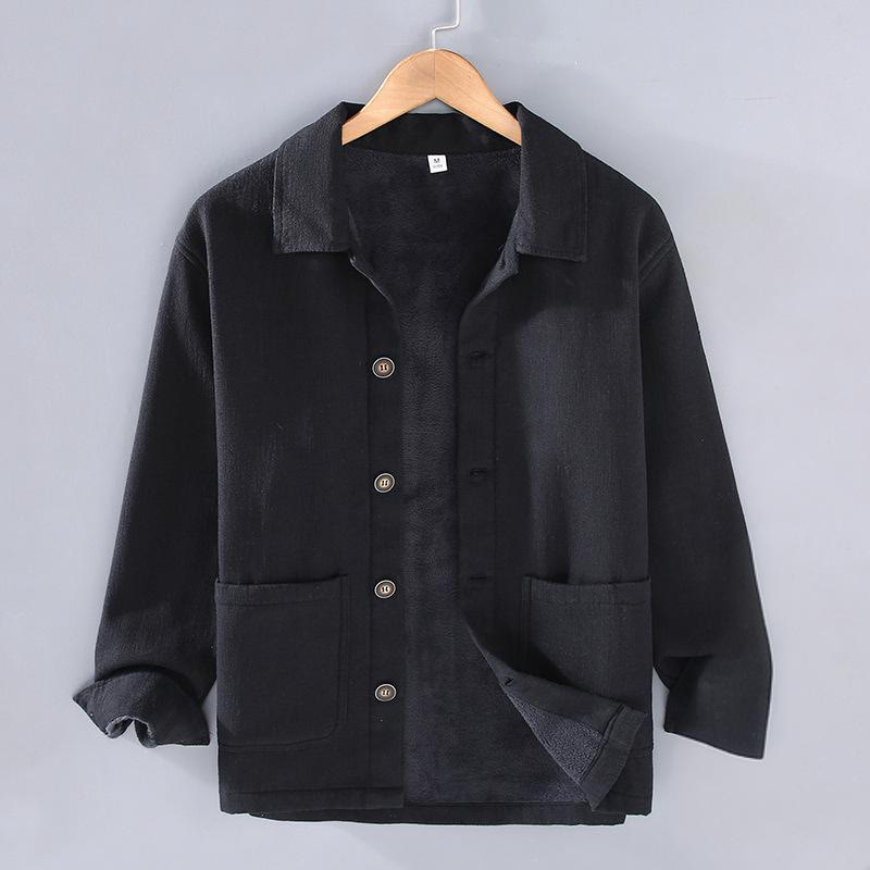 Veste en lin et coton ramie à manches longues pour homme, doublée de polaire thermique et avec poches, signée Buddha Stones - Noir - US/UK/AU42,EU52 (3XL) - image 11
