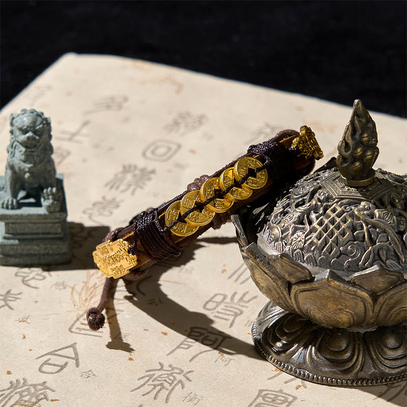 Bracelet en cuir et corde de richesse Pi Xiu , Buddha Stones et pièces des cinq empereurs  - image 1