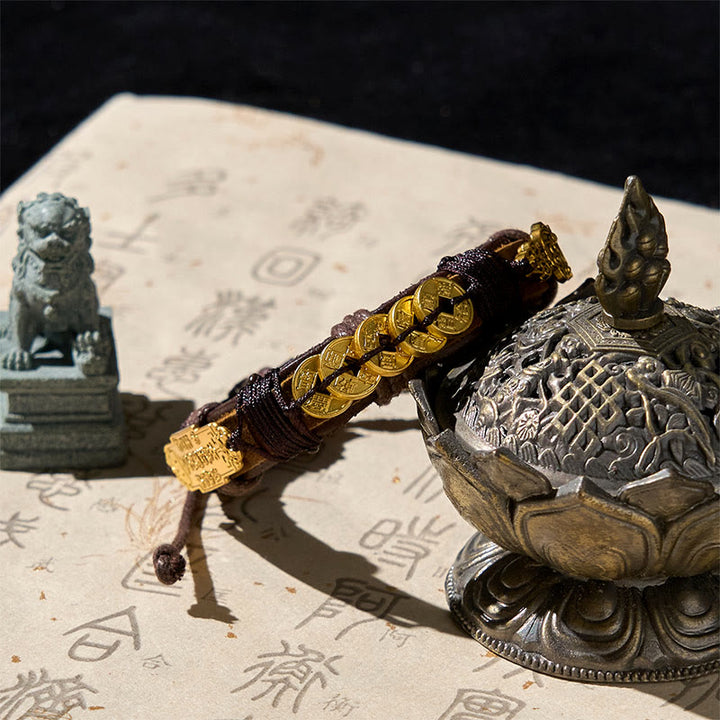 Bracelet en cuir et corde de richesse Pi Xiu , Buddha Stones et pièces des cinq empereurs  - image 1