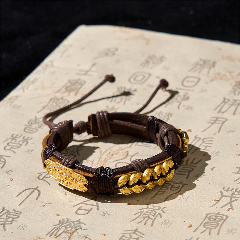 Bracelet en cuir et corde de richesse Pi Xiu , Buddha Stones et pièces des cinq empereurs  - image 2